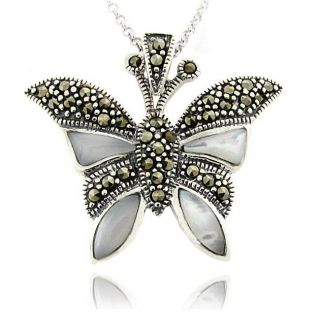Sterling Silver Marcasite and Mother of Pearl Butterfly Necklace