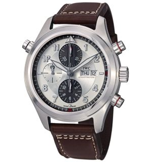 IWC Mens DoppelChrono Silver Dial Brown Leather Strap Watch