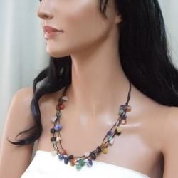 Cotton Rope Floating Multi Stone Triple Strands Necklace (Thailand