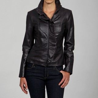 Tahari Womens Leather Ruffle Placket Jacket