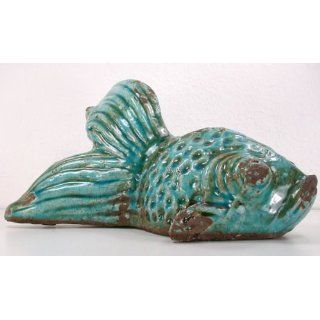 Fisch Terrakotta türkis glasiert Vintage, Gartenfigur, 30x20x16 cm